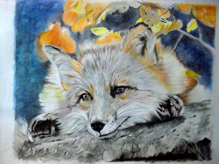 Painting of a fox resting its head on a rock