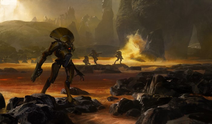 Vex warriors from Destiny video game on a rocky planet