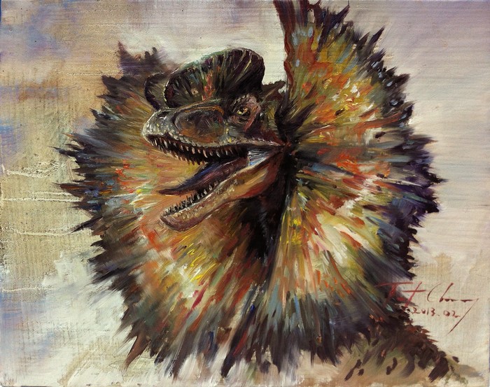 Vibrant Painting of a Dilophosaurus Head