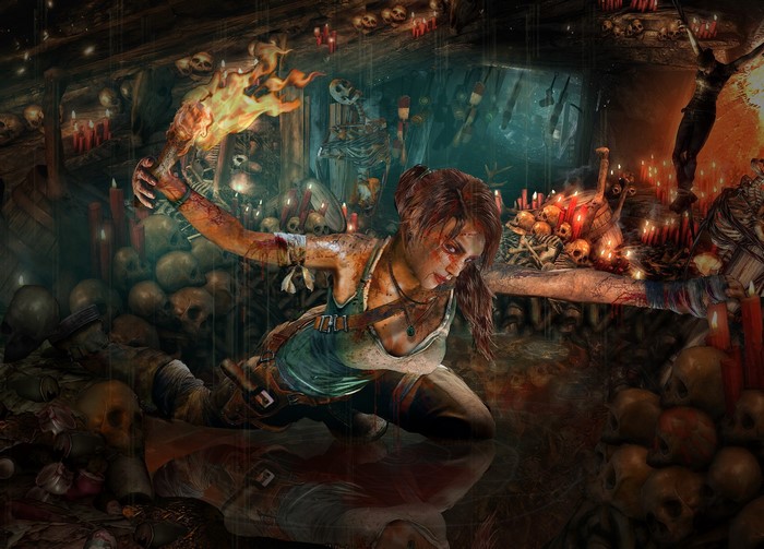 Lara Croft from Tomb Raider 2013 holding a torch in a cave with skulls
