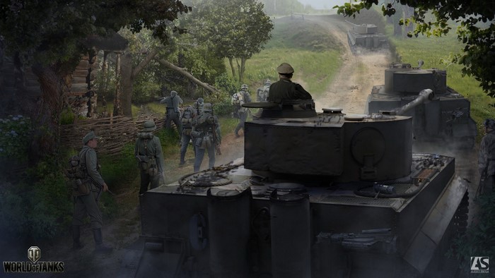 German soldiers and Tiger tanks on a dirt road