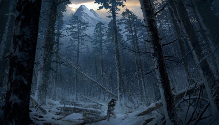 Lara Croft in a snowy forest with mountains