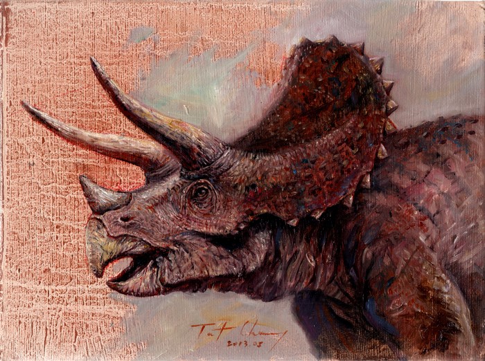 Painting of a Triceratops head with horns