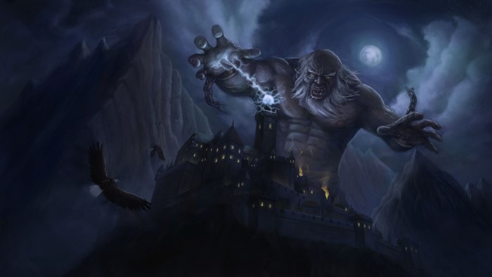 Giant monster with chain attacking a castle at night