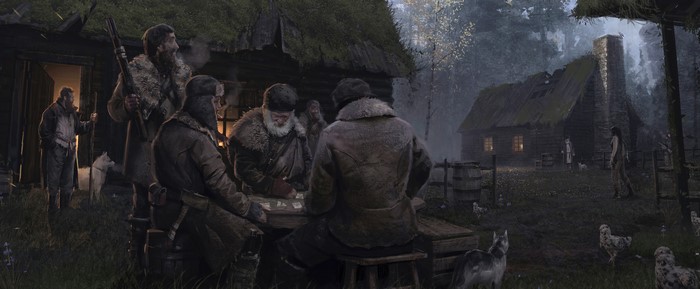 Men playing cards in a village from Rise of the Tomb Raider