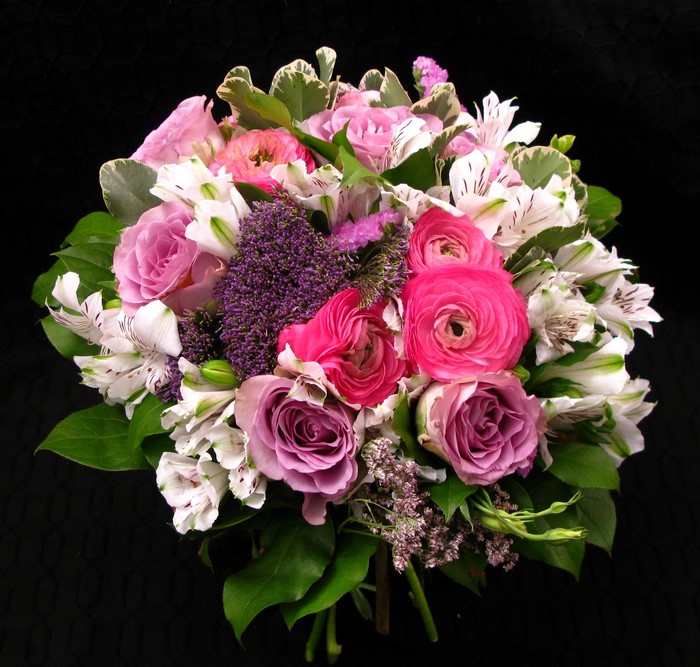 Bouquet of Roses and Alstroemeria on Black Background