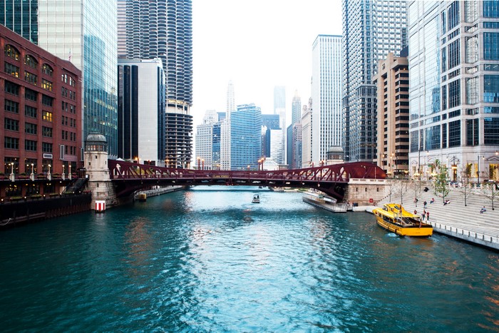 Chicago River with Bridge and Yellow Boat