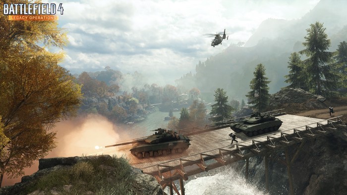 Battlefield 4 Legacy Operations Tanks on Bridge with Helicopter