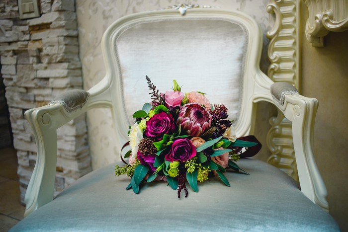 Wedding bouquet on an armchair