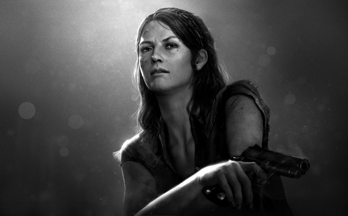 Tess from The Last of Us holding a pistol