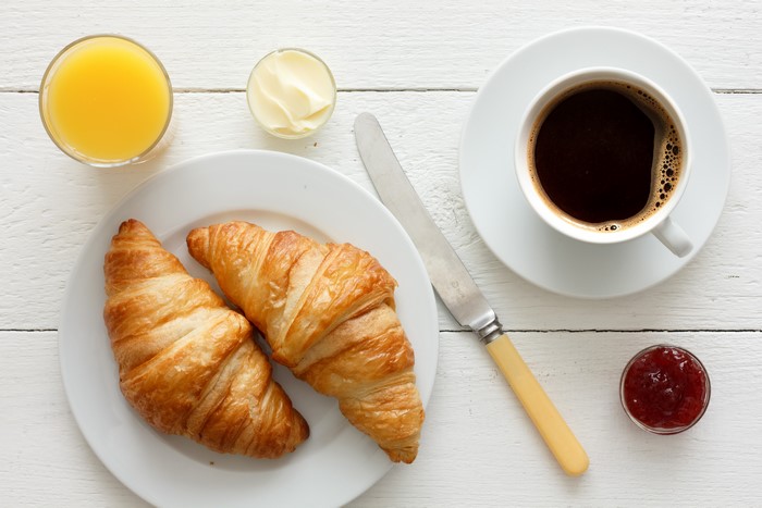 Coffee, Croissants, Juice, Butter, and Jam Breakfast