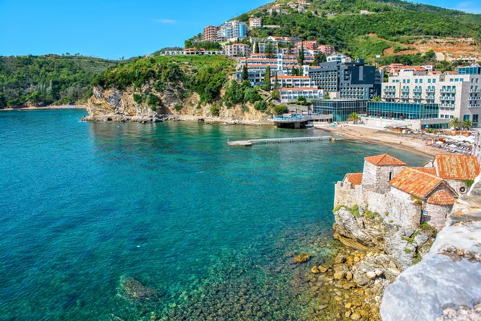Budva, Montenegro coast with old buildings and modern hotels