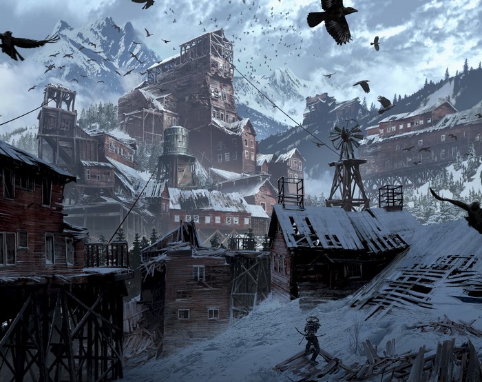 Lara Croft from Rise of the Tomb Raider in a snowy village