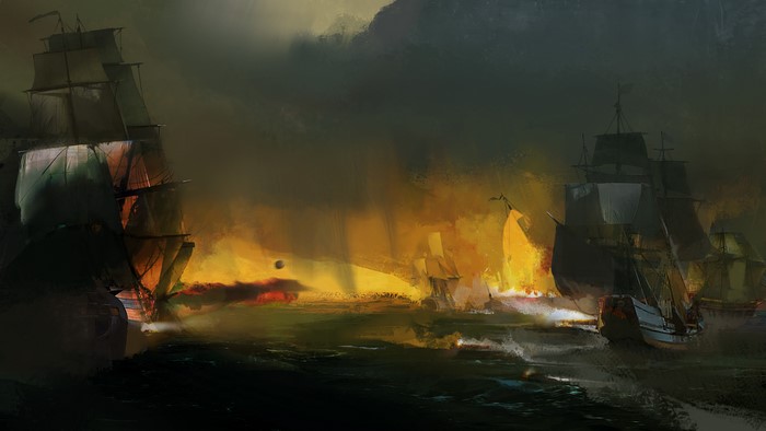 Ships sailing and battling in a fiery sea