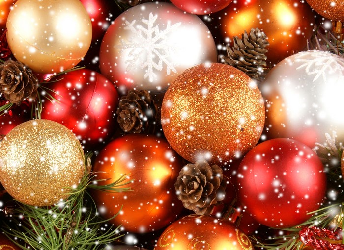 Christmas ornaments with pine cones and snow
