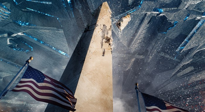 Washington Monument and US Flags during alien invasion