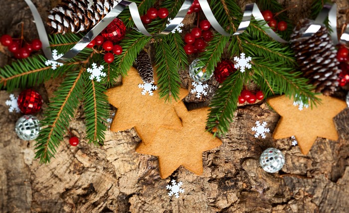 Christmas cookies with pine branches and ornaments