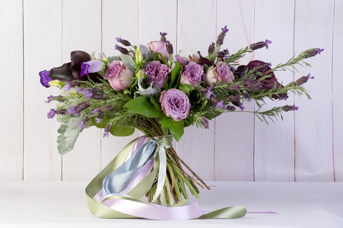 Bouquet of Roses and Lavender with Ribbons