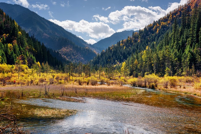 Valley with Mountains, Forests, and Lake in Jiuzhaigou Park, China