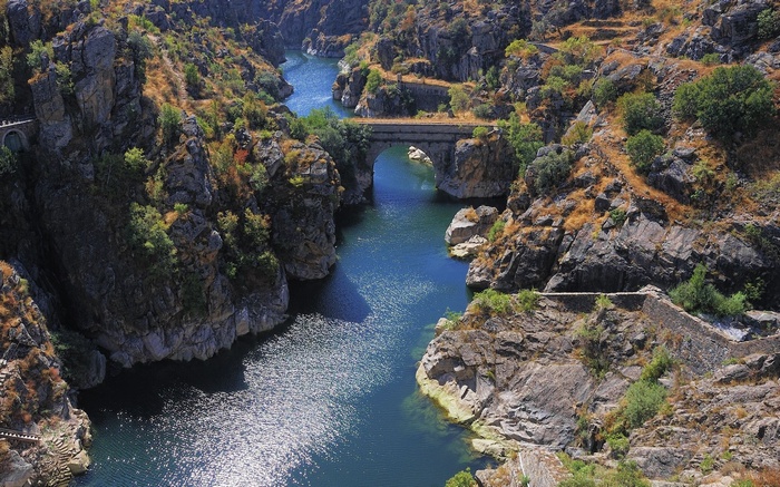 River flowing through a rocky gorge with a stone bridge