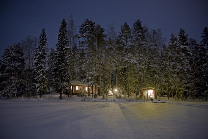 Winter night scene with snow-covered trees and illuminated cabins