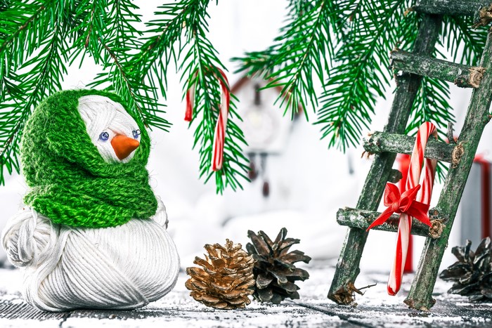 Christmas snowman with pine cones and candy canes