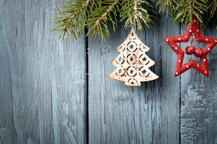 Christmas ornaments on a wooden background