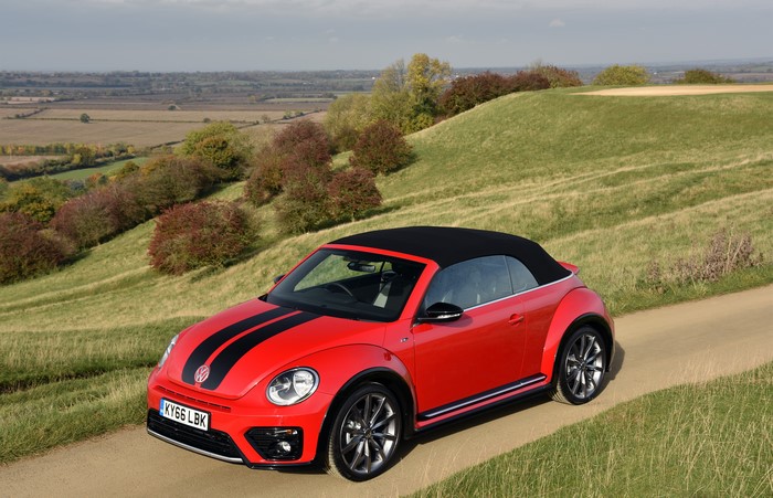 Red 2016 Volkswagen Beetle Convertible with Black Stripes