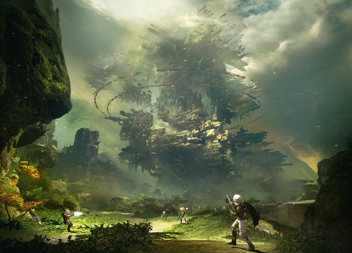 Warriors in a fantastic world with a Citadel from Destiny