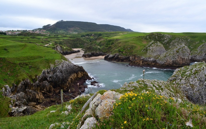 Coastal landscape with rocky coves and green hills