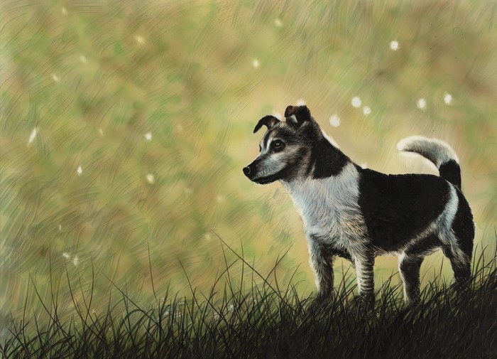 Painting of a dog standing in grass