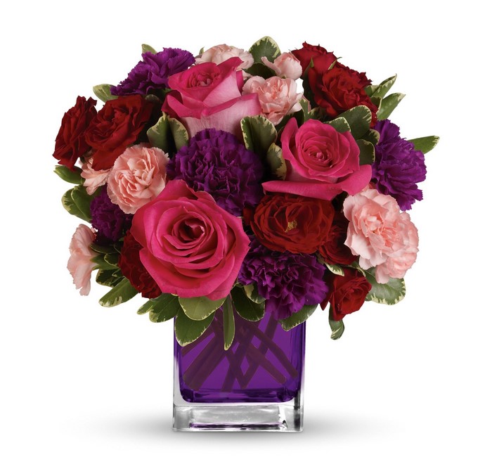 Bouquet of Roses and Carnations in a Purple Vase