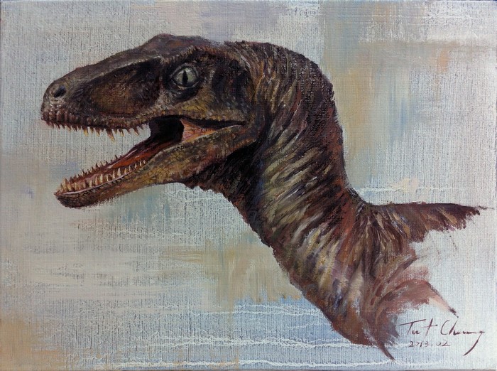Painting of a Velociraptor head with open mouth