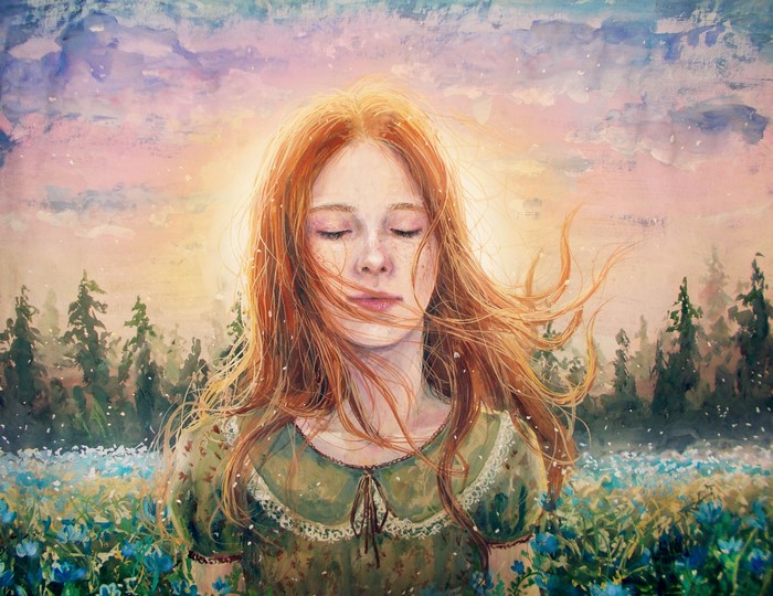 Painting of a Redhead Girl in a Field