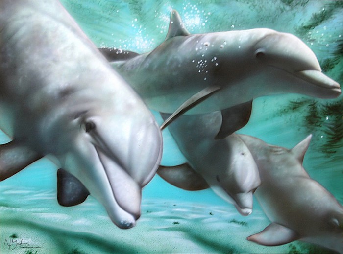 Painting of Dolphins Swimming Underwater