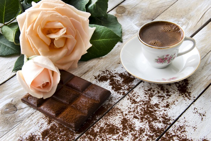 Roses, Coffee, and Chocolate on Wood