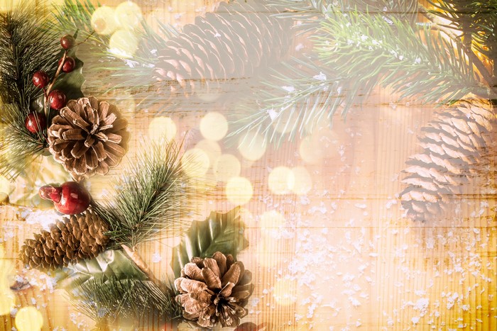 Christmas pine cones and branches on wooden background