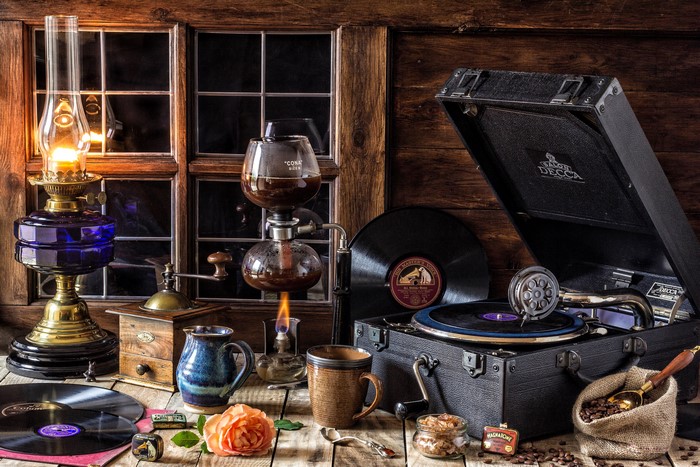 Still-life with coffee, lamp, and gramophone