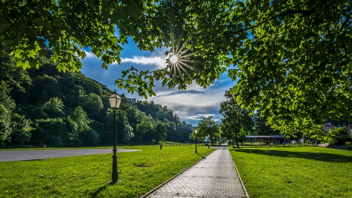Park pathway with sun rays and street lights in Croatia