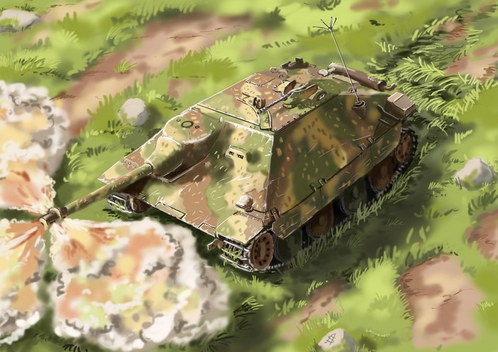 Hetzer tank firing in a grassy field