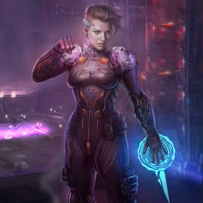 Female warrior in futuristic armor with energy shield