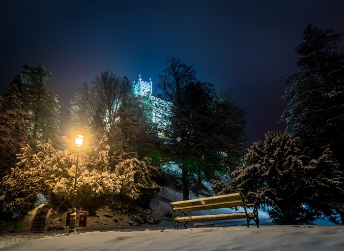 Trakoscan Castle in Croatia during winter at night