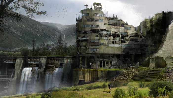 Ruined hotel and dam in a desolate landscape