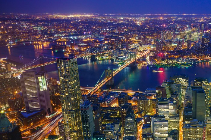 New York City Skyline at Night with Bridges