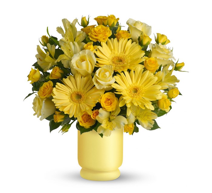 Yellow Roses, Alstroemeria, and Gerberas in a Yellow Vase