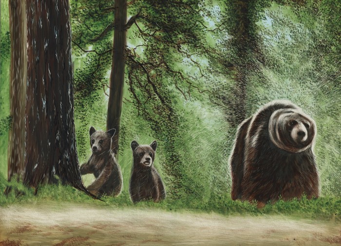 Three Brown Bears in a Forest Painting