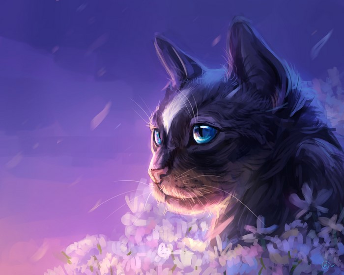 Black cat with blue eyes in flowers
