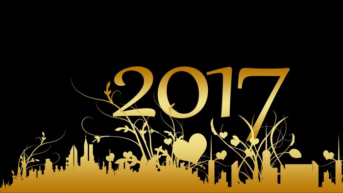 Golden 2017 New Year's Eve cityscape with floral elements