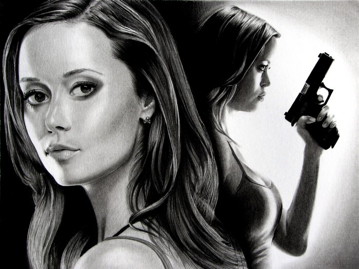 Summer Glau with a Pistol