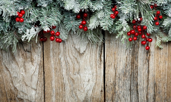 Christmas branches with red berries on wood planks